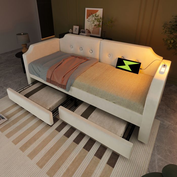 URTR Canapé-lit enfant 90x200 cm avec liseuse USB-C 2 tiroirs lattes bois velours sans matelas pratique blanc