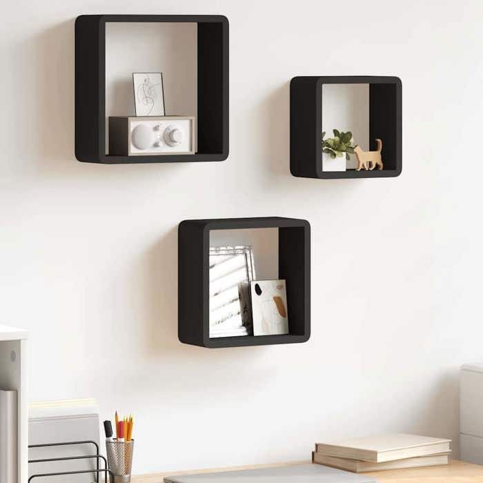 vidaXL Lot de 3 étagères cube murales coloris noir en MDF avec fixation invisible