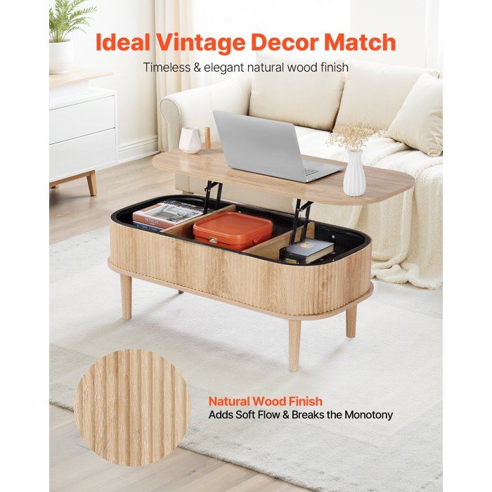 Table Basse Relevable Table de Salon Ovale avec Rangement Caché de 3 Compartiments Plateau Relevable Meuble en Bois pour Maison…