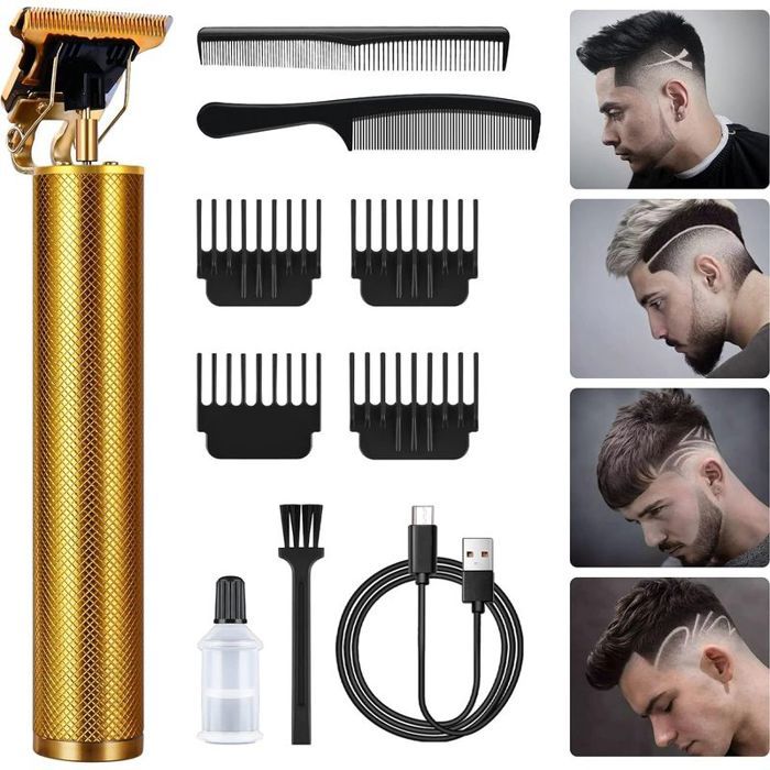 Kit tondeuse cheveux et barbe - Sans fil et rechargeable Design ergonomique - Coiffure et rasage à domicile - Or
