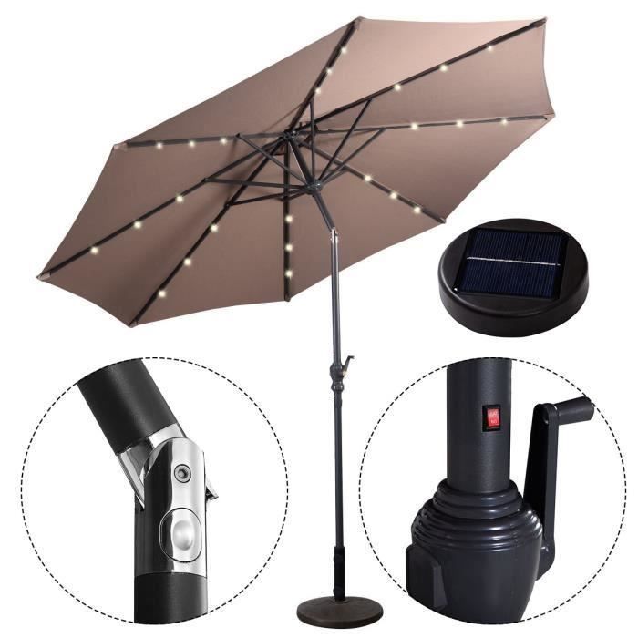 Parasol de Jardin 24 LED Lampes Solaire 3M Inclinable Brun avec Manivelle Souple Housse Anti-UV Occasion