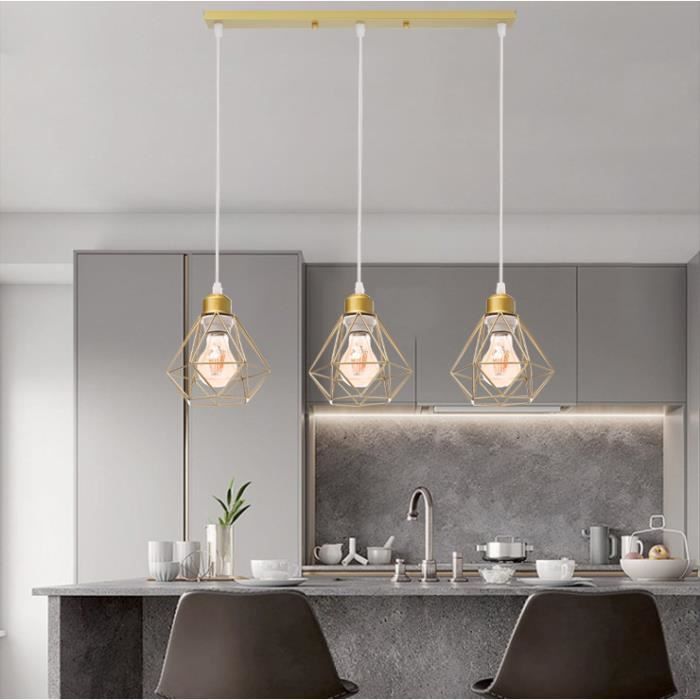 MOGOD Suspension Vintage 3 Luminaires Lustre Cage en Fer Doré Lampe Longue Pôle Ø16cm Plafonnier éclairage de Cuisine Salon