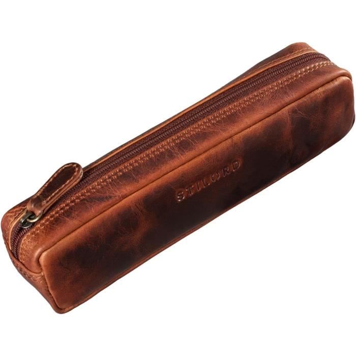 Étui à Stylos En Simili Cuir - 3 Compartiments, Fermeture Zippée - Accessoire Bureau élégant Et Portable