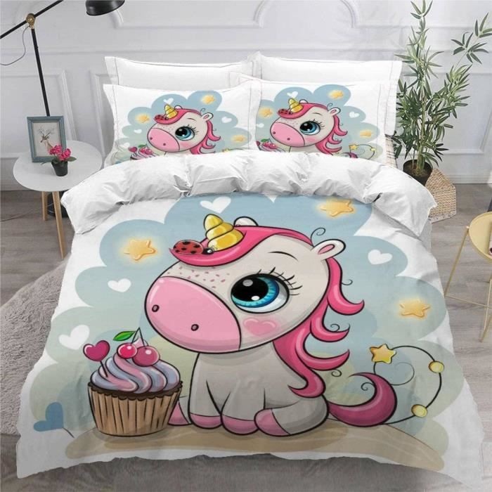 Housse De Couette Licorne Arc-en-ciel 3D - Microfibre Douce - Taie Incluse - Plusieurs Tailles