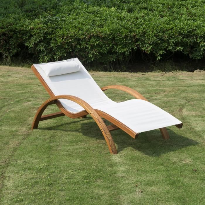 Transat chaise longue design style tropical bois massif naturel coloris beige blanc 32CW 525
