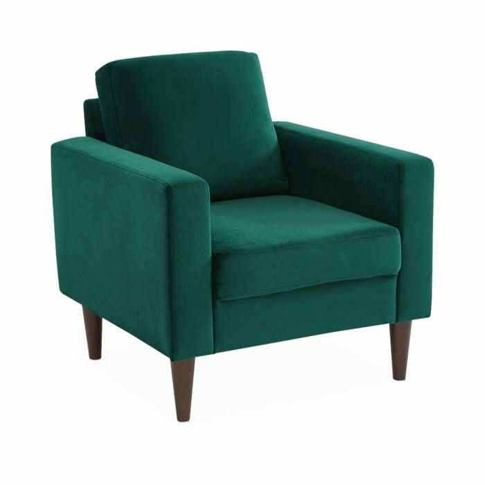 Fauteuil scandinave en velours vert anglais - Bjorn - Canapé 1 place fixe droit pieds bois dhévéa effet bois de noyer