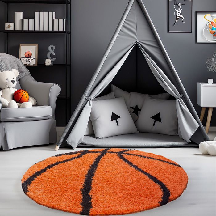 Carpetsale24 Tapis enfant rond orange noir forme basket tapis à poils longs pour chambre denfant taille 120 cm rond