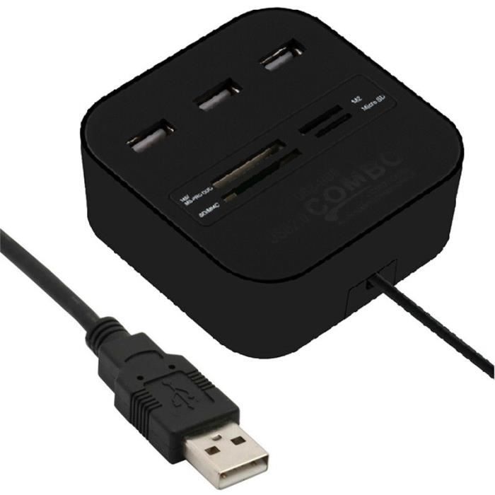 Lecteur De Carte Memoire Externe - HUB Noir 3 Ports USB 2.0 et Lecteur ...