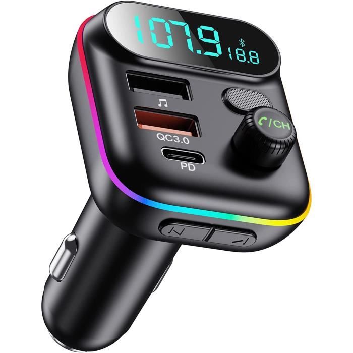 Transmetteur FM Bluetooth, Chargeur de Voiture QC3.0 & 5V/2.4A, Rétro-éclairage Coloré,Lecteur de Musique MP3 Support TF Card/USB