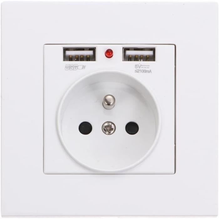 Plaque Murale Double USB 2.0 Avec Prise - Blanc ABS, Installation Facile, Pour Salle, Bureau, Hôtel, Montage Encastré