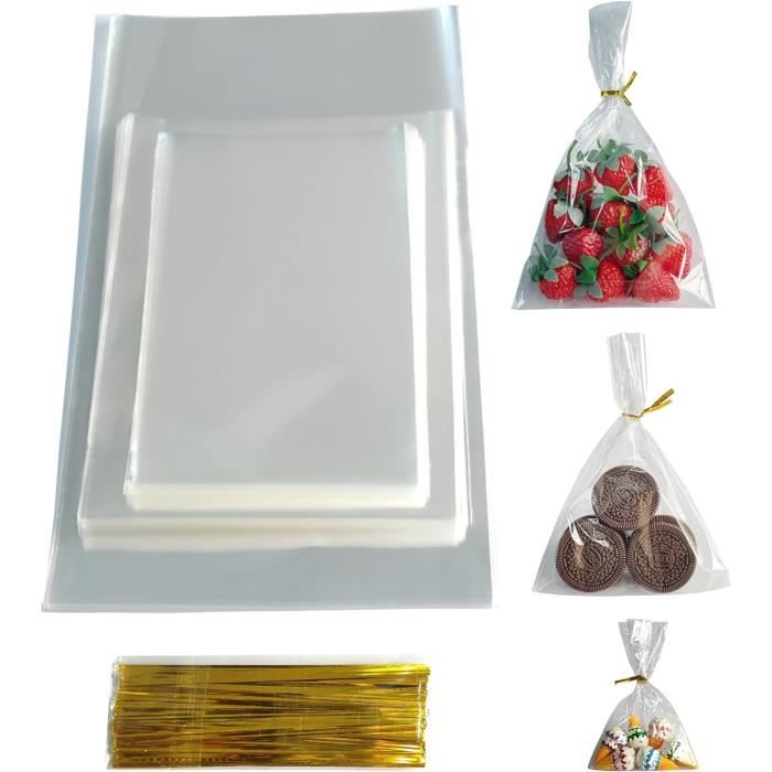 200 Sachets Bonbons Transparents 13x25cm Avec Liens Dorés - Emballage Alimentaire OPP Pour Fêtes