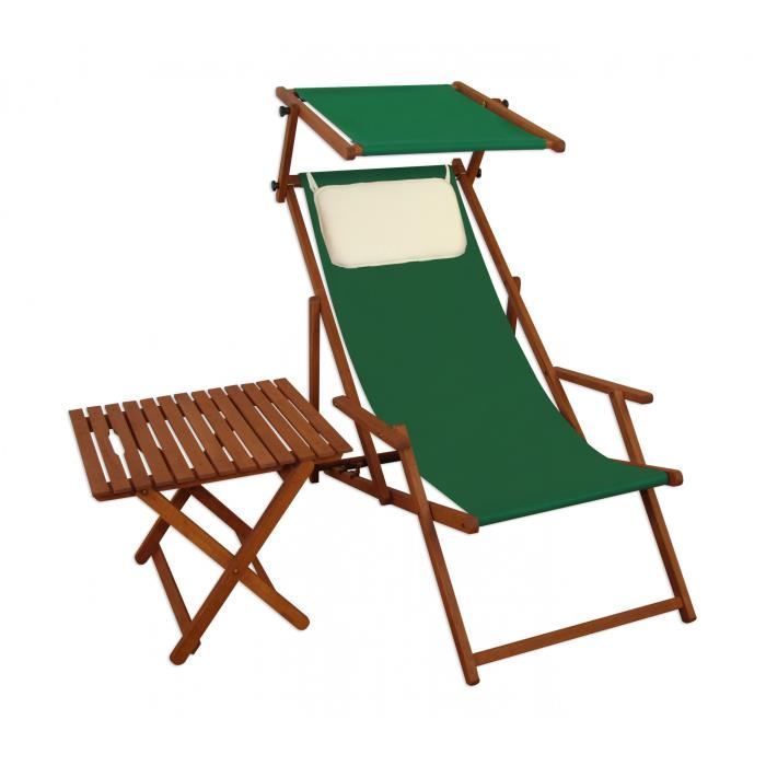 Chaise longue de jardin verte pliante, paresoleil, table et oreiller