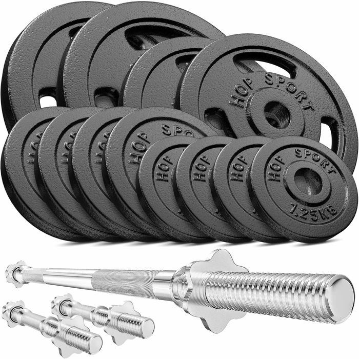 Hop-Sport Set dHaltères en Fonte 59 kg Barre longue Barres dhaltères courte Disques de poids Jeu dhaltères pour musculation