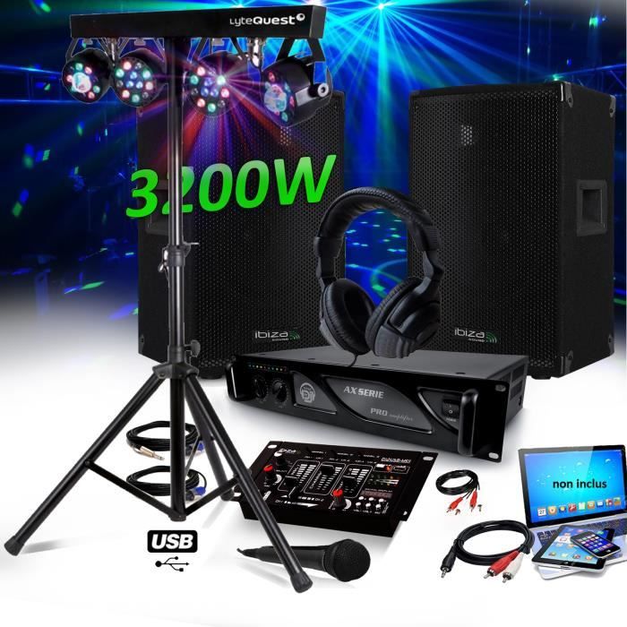 Pack DJ SONO IBIZA SOUND 3200W DISCO12 SET Enceintes + Ampl+ Table de Mixage USB + CASQUE + CABLES + MICRO, Animation Soirée