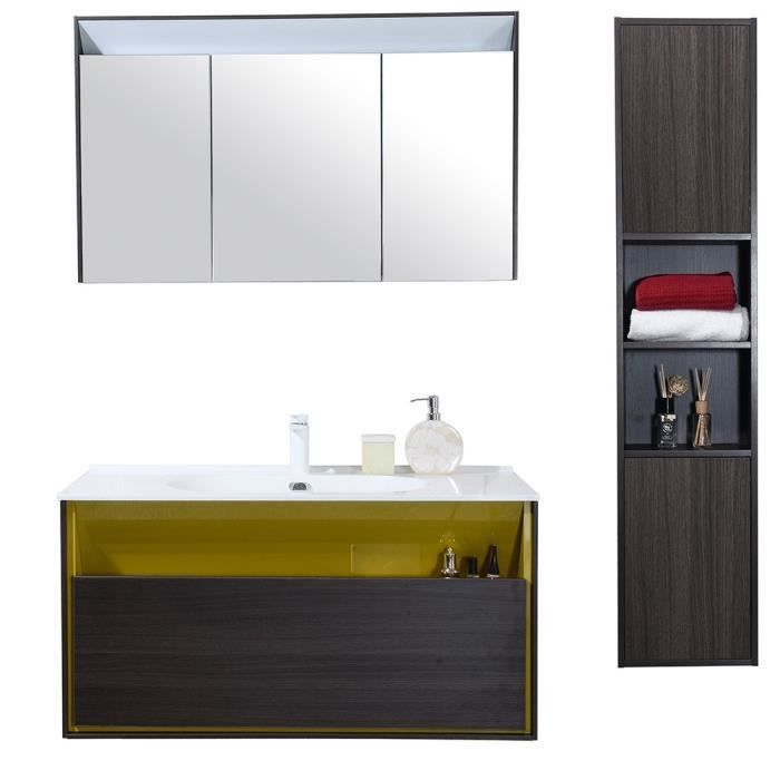Meuble De Salle De Bain Simple Vasque Avec Colonne De Rangement Ensemble De Salle De Bain Noir Et Jaune Ambre Achat Vente Colonne Armoire Sdb Meuble De Salle De Bain Cdiscount