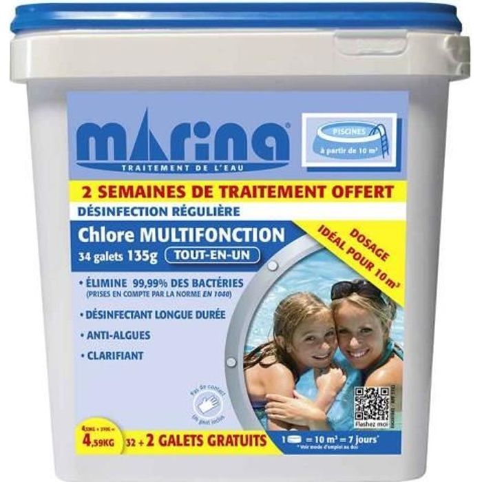 Chlore multifonction galets 135 g pour piscine 10 m³ - 4,32 kg