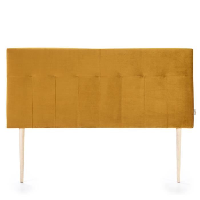 T&ecirc;te de lit tapiss&eacute;e 160x100 cm moutarde, velours, pieds en bois