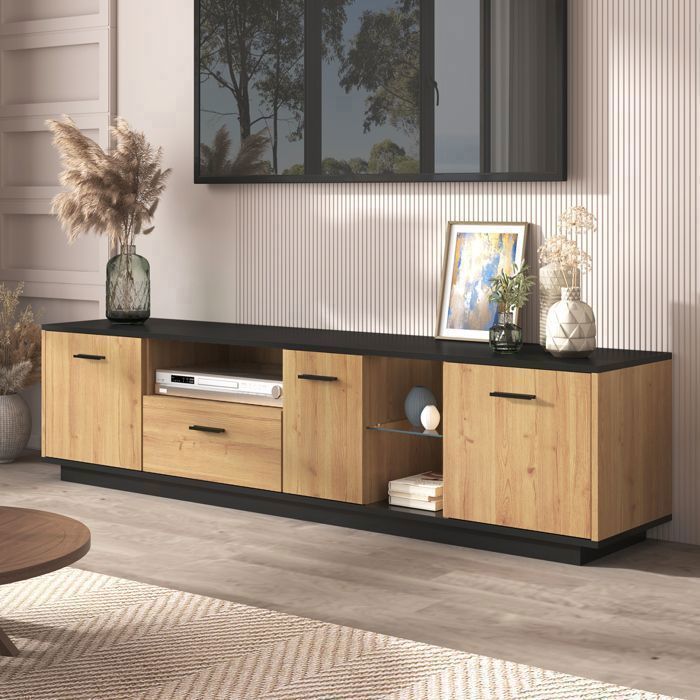 Meuble TV 180 x 37 x 45 cm Banc TV - 3 Portes 1 tiroir 2 compartiments ouverts - avec LED - Naturel + noir