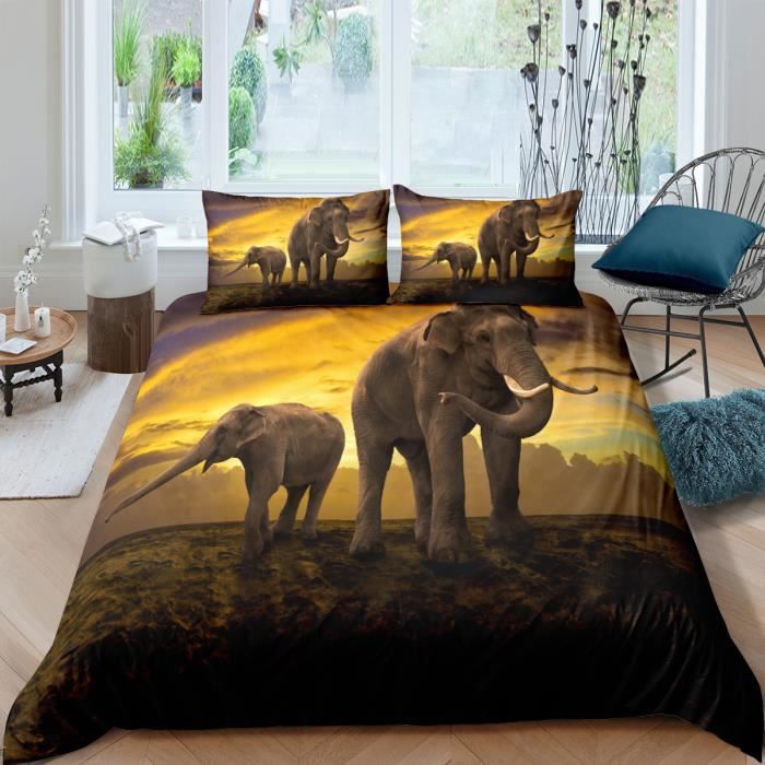 Éléphants coucher du soleil Parure de lit 3 pieces 1 housse de couette 220*240cm et 2 taies doreillers 63*63cm