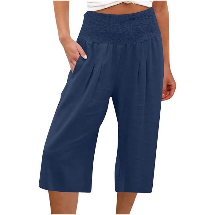 Pantalon Court Femme t Pantacourt Fluide en Coton et Lin Blanc