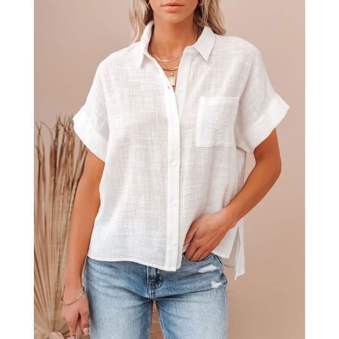 Chemise en Coton Lin Femme Ete Manches Courtes Col chemise INSFITY  Blanc Regular poche poitrine