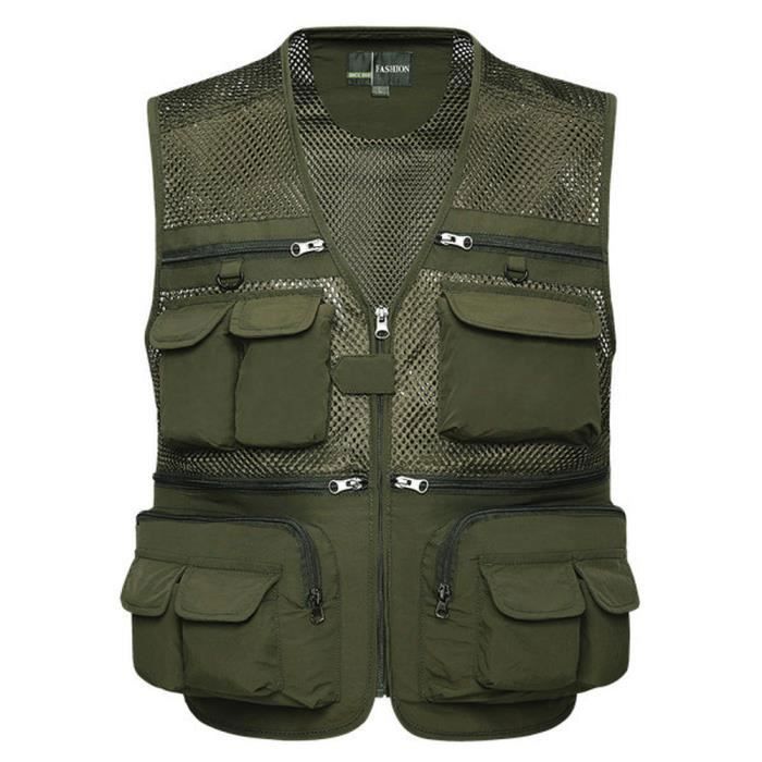 Gilet de pêche classique multi-poches pour homme - Veste sans manches solide - Veste tactique, X-Large