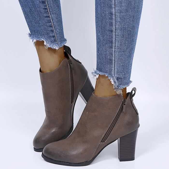 OS Retro Femmes Cuir Talon Carr Fermeture clair Couleur Unie