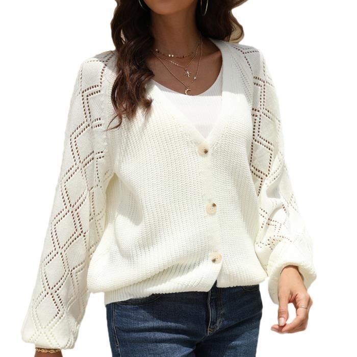 Cardigans Femme Couleur Unie Manche Longue Tricot Evider col en V Cardigans Casual Gilet avec Boutons Cardigan Chic Blanc Blanc Cdiscount Pret a Porter