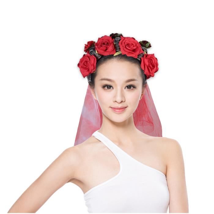 Couronne Bandeau Gothique Fleur Et Crâne - Accessoire Halloween, Cosplay, Fête - Taille Unique 36x28 Cm