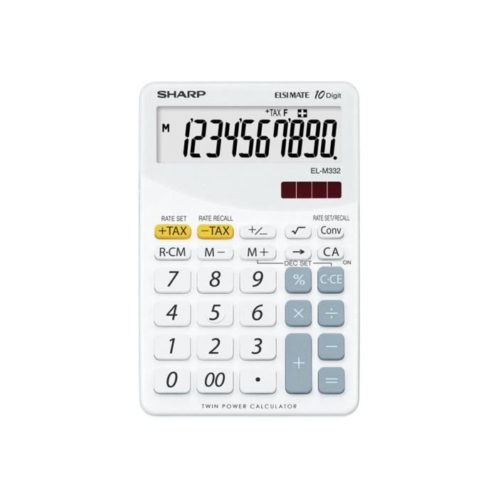 Sharp Elsi Mate EL-M332BWH Calculatrice de bureau 10 chiffres + 1 exposants panneau solaire, pile blanc