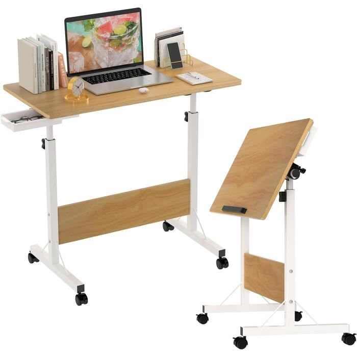 Table De Lit Pliante Avec Roulettes - Bureau Réglable Hauteur 66.5-88cm, Plateau 80x40cm - Chêne