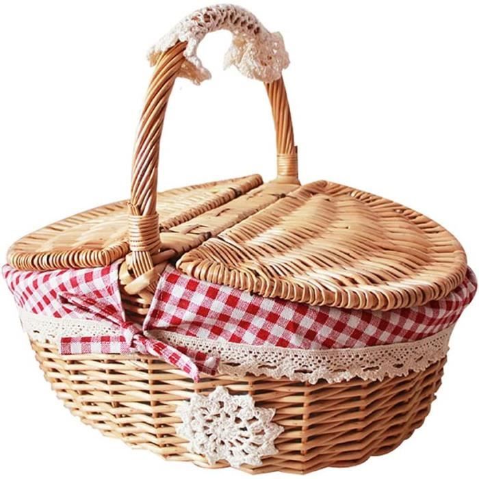 Panier Osier Traditionnel Panier Pique-nique Osier Naturel E-wicker24 - Grand Modèle 48x28cm Avec Couvercle - Tressage Main Panier Rangement Transport