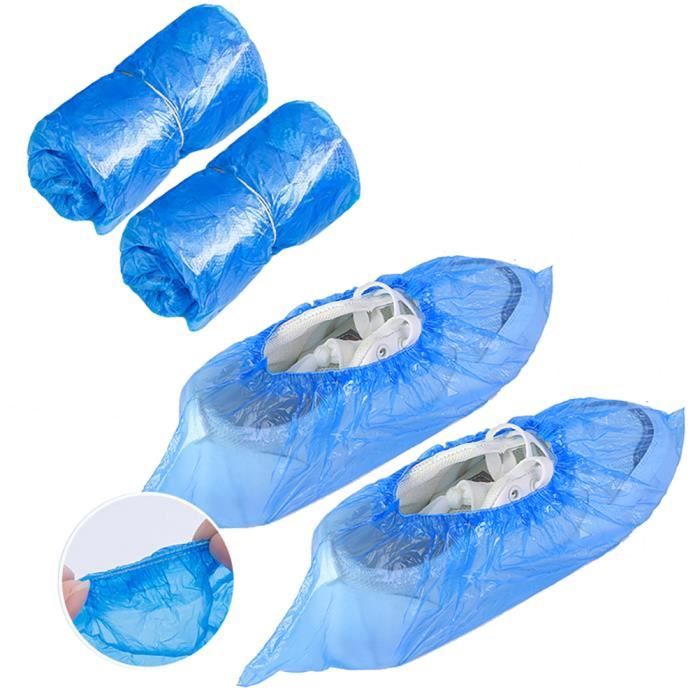 100pcs Couvre-chaussures Plastique jetables chaussures de protection Etanche Couvre Nettoyage (Bleu)