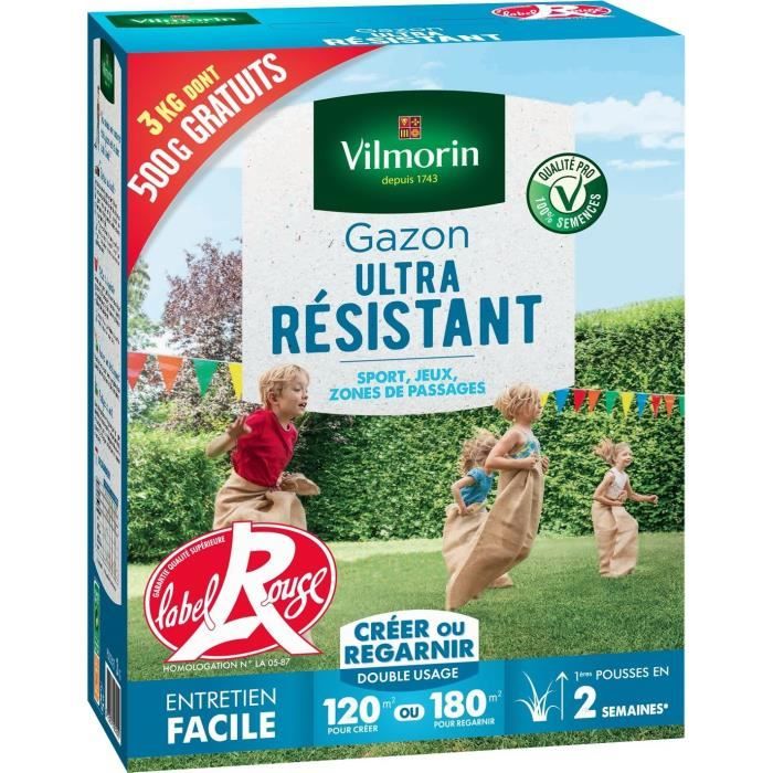 VILMORIN Semences de gazon ultra résistant - Label rouge - Boïte de 3 kg dont 0,5 kg gratuit