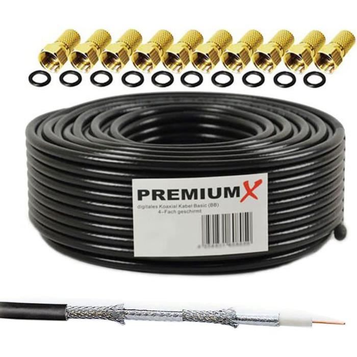25m C&acirc;ble Coaxial Sat C&acirc;ble D'antenne C&acirc;ble Coaxial Noir 4 Voies Blind&eacute;