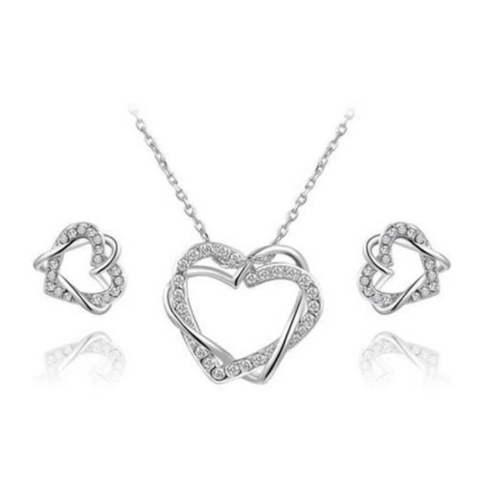 Parure Bijoux Femme Coeur Cristal - Collier, Boucles D'oreilles, Bague, Plaqué Argent 925, Zircon
