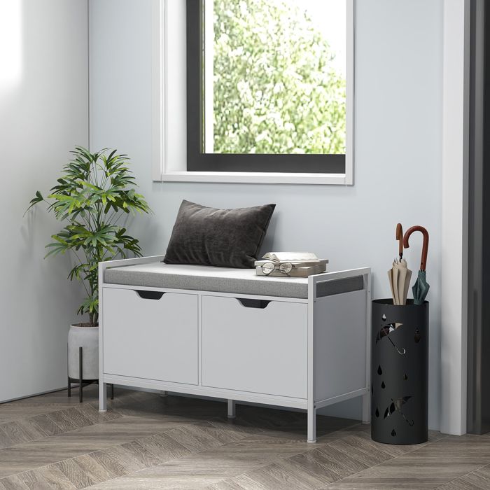 Meuble à Chaussures Avec Banc - 2 Compartiments, 4 étagères - Blanc Mat, Coussin Gris Lavable - Dimensions 120 X 52 X 27 Cm