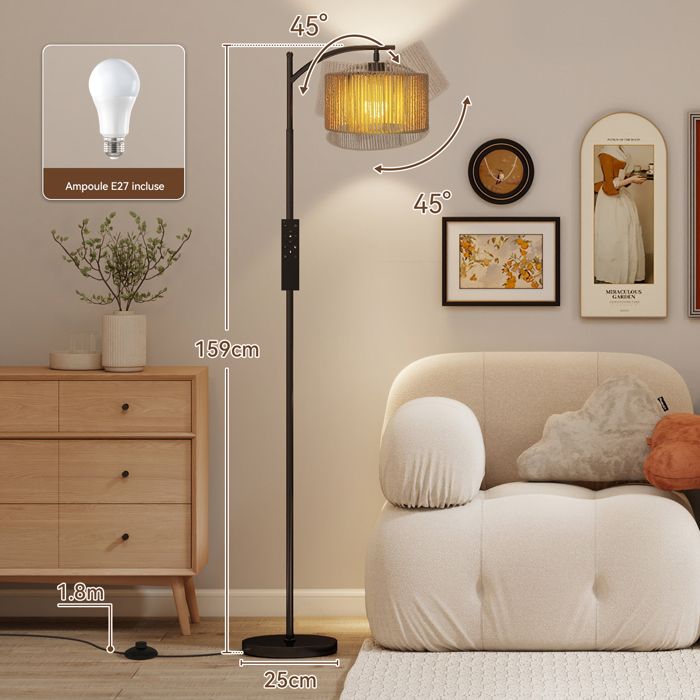Lampadaire Trépied Bois Vintage Aigostar – Abat-jour Lin, Interrupteur Pied, E27, Style Scandinave Salon Chambre