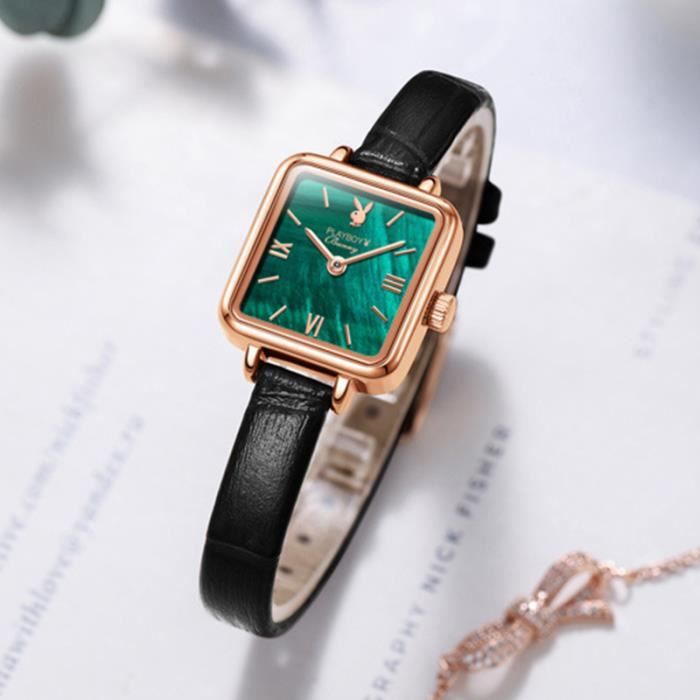 SHARPHY Montre femme de luxe quartz diamant mode malachite cadran bracelet en cuir vert vert