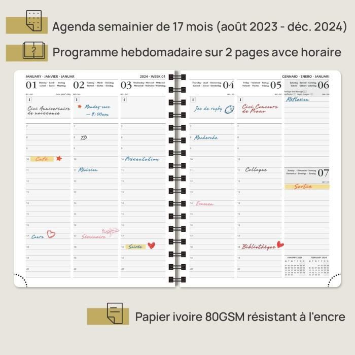 2 Ans Agenda Semainier Mensuel 2023-2024: Grand Agenda Organiseur 2 ans |  24 Mois Calendrier | Planificateur Hebdomadaire Format A4 | Journalier