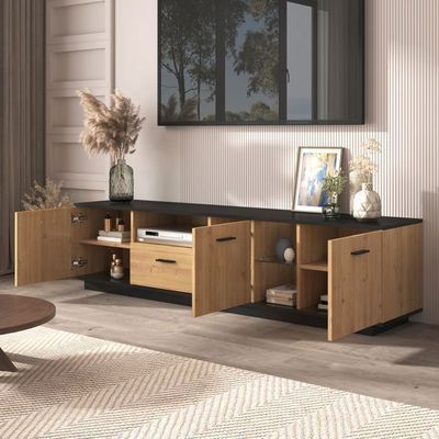 MERAX Meuble TV Avec Pieds En Bois Véritable - 2 Tiroirs, 2 Portes Avec