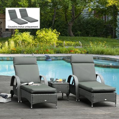 Lot De 2 Coussins Chaise Longue Outsunny - 190x56x10 Cm, Gris Clair, Rembourrage Épais, 6 Attaches