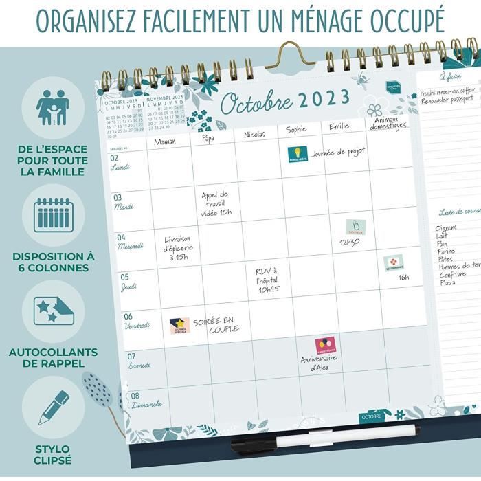Calendrier Familial 2023 6 Colonnes: Agenda pour s'organiser en famille ,  Planificateur 12 mois en français