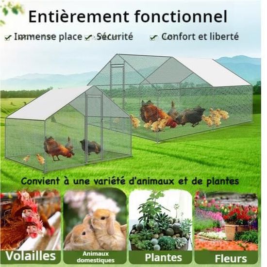 Poulailler Résistant Hiver 3x2x2m Acier Galvanisé Avec Toit Protection Solaire - Enclos Extérieur Poules Lapins