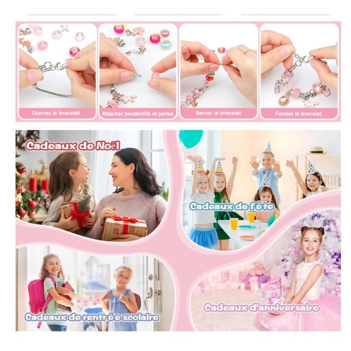 Cadeau Fille 5 6 7 8 9 10 11 12 Ans,Charms Kit Bracelet de Fabrication  Bijoux et Perles pour Enfant Jouet, Idée Cadeau pour Ado,Rose