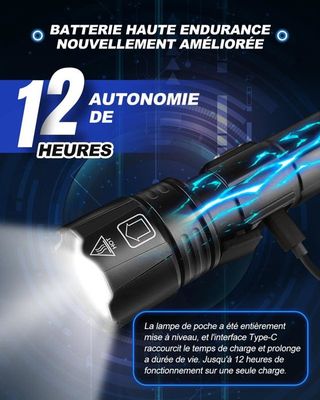 Lampe Torche LED Tactique Garberiel 30W Ultra Puissante 1.2M Lumens Rechargeable USB