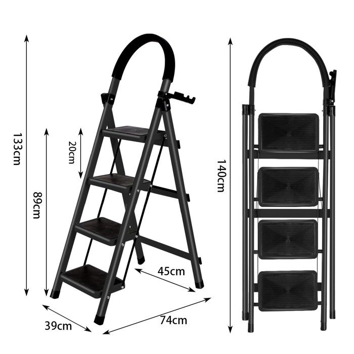 Escabeau Pliable 4 Marches - Charge 150 Kg, Antidérapant - Pour Maison, Cuisine, Rangement - Gain De Place