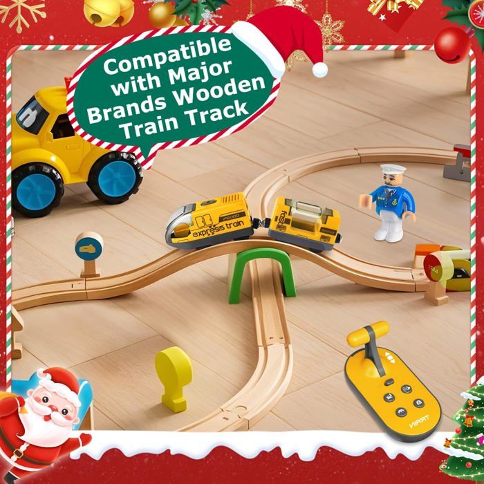 Train électrique Télécommandé – Jaune – Compatible Rails Bois (Brio, Thomas) – Son Et Lumière – Dès 3 Ans