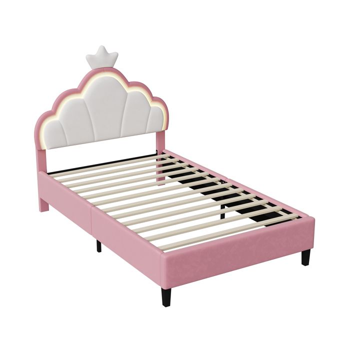 Lit Fille 90x200 Cm Avec Tête De Lit Couronne Et LED – Velours Rose – Sommier Lattes Inclus
