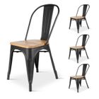 Kosmi - Lot de 4 chaises en métal Noir Mat et Assise en Bois Clair - Style Industriel